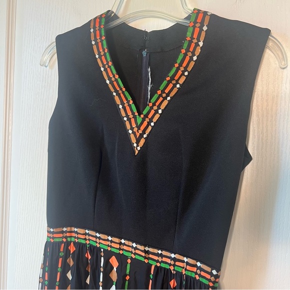 Vintage 70s Leslie Fay Maxi Dress Black Orange Green Circle Dot Geometric small - Picture 2 of 6
